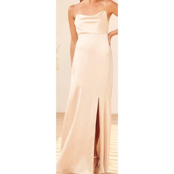 LULU'S XS Moment in the Spotlight Champagne Satin Cowl Neck Maxi Dress NEW B45 - Picture 1 of 9